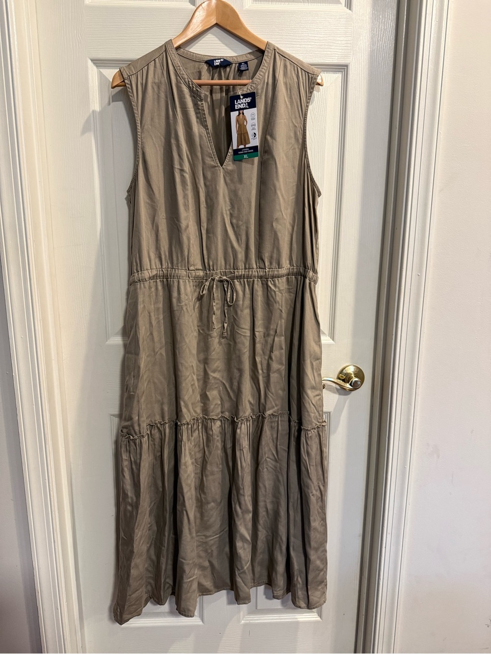 Lands' End Sleeveless Drawstring Midi Dress in Taupe